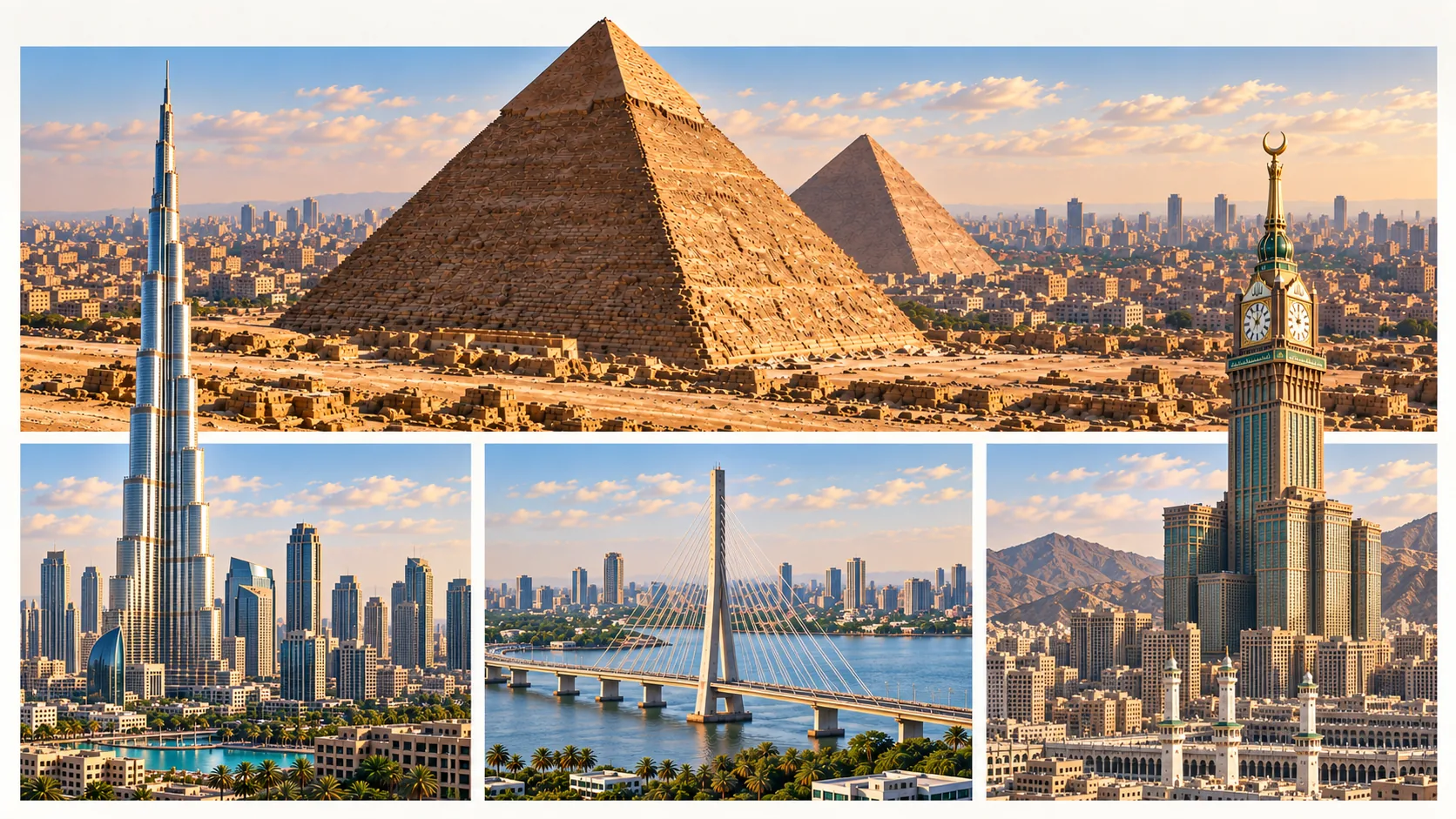 Illustrative montage of Egypt’s pyramids above Dubai, Lagos and Makkah, with Burj Khalifa and the Abraj Al Bait clock tower extending into the Egyptian scene.
